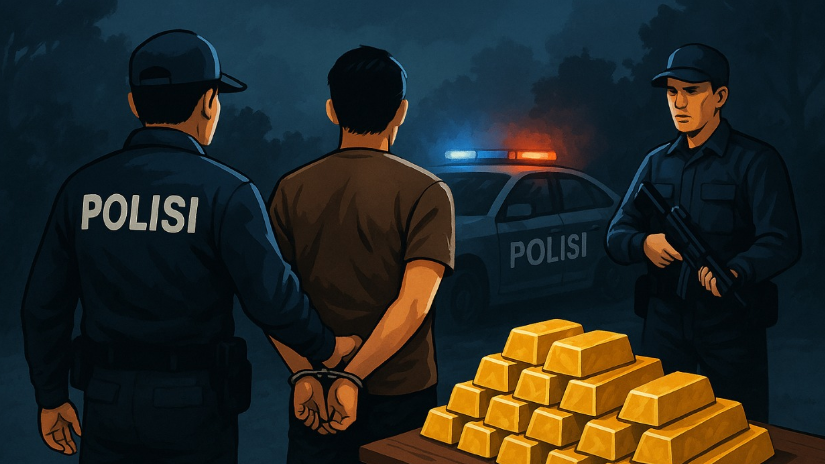 Ilustrasi penangkapan pelaku dalam kasus emas ilegal oleh aparat kepolisian. Puluhan kilogram emas murni disita saat penggerebekan di Jalan Suprapto Minggu (4/5/2025). (Ilustrasi: Faktakalbar.id)