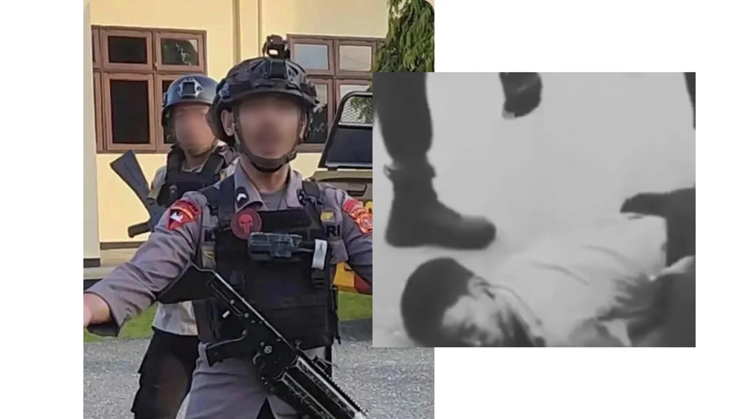 "Kolase foto personel Brimob bersenjata dan dokumentasi dugaan kekerasan terhadap warga sipil dalam kasus kematian pelajar di Tual."