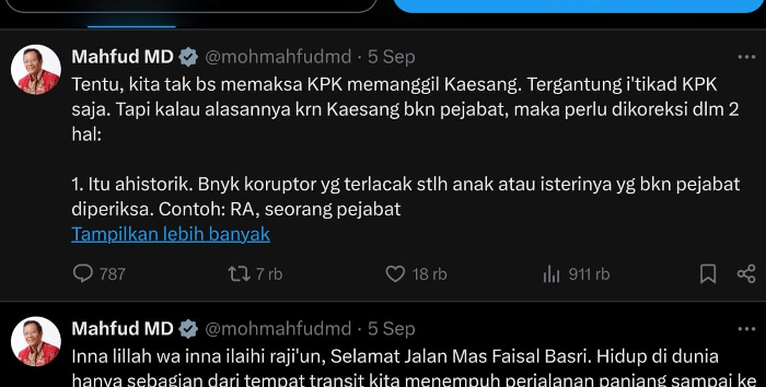 Mahfud MD Kritisi Alasan KPK Tak Panggil Kaesang dan Pasif Usut Dugaan Gratifikasinya