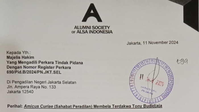 Bela Advokat Tony Budidjaja, ALSA dan ASA Indonesia Sampaikan Amicus Curiae ke PN Jaksel