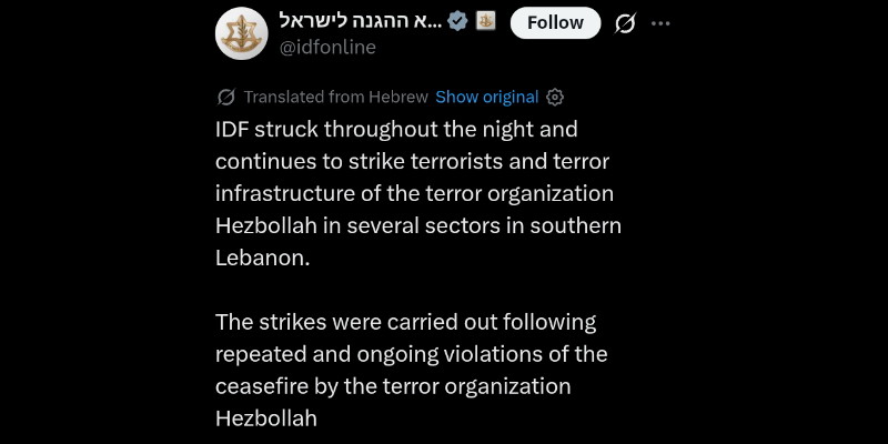 Saling Klaim Pelanggaran Gencatan Senjata, Serangan Udara Israel di Lebanon Selatan Tewaskan 16 Orang