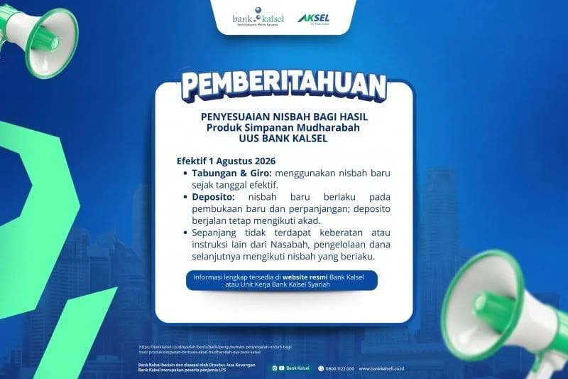 Nasabah Bank Kalsel Syariah Bersiap, Porsi Bagi Hasil Mudharabah Berubah Mulai Agustus