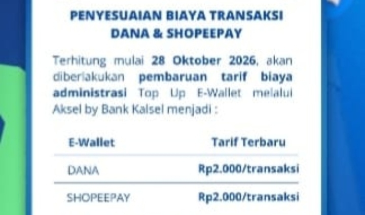 Perubahan Tarif Isi Saldo DANA & ShopeePay pada Layanan Bank Kalsel