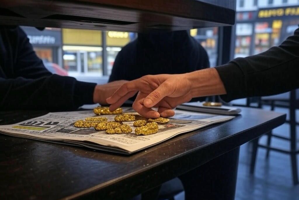 Ilustrasi transaksi emas ilegal di sebuah warung kopi, salah satu modus kamuflase jaringan mafia tambang di Kalbar untuk mengelabui hukum dan publik.