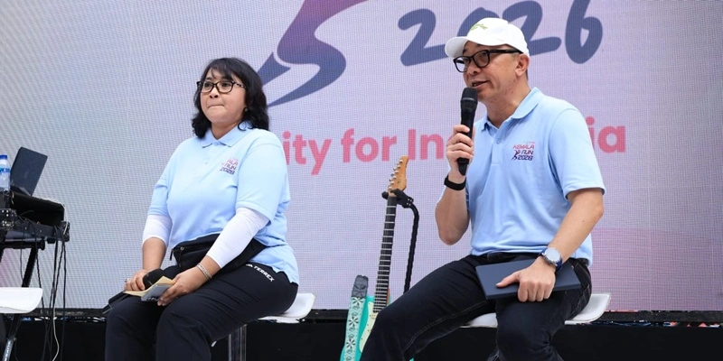 "Ketua Panitia Kemala Run 2026, Deni Agus Suryo bersama Ketua Seksi Race Management Kemala Run 2026, Brigjen Sambodo Purnomo Yogo dalam konferensi pers di kawasan GBK, Senayan, Jakarta pada Minggu, 15 Februari 2026."