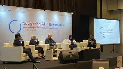 "Forum "Navigating AI in Newsrooms: Research Insights and Media Business Sustainability" yang digelar di Jakarta, (20/2/2026)."