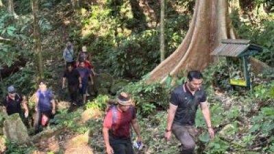 Bupati Kapuas Hulu Fransiskus Diaan meninjau langsung keaslian alam kawasan air terjun untuk melihat potensi pengembangan pariwisata daerah.
